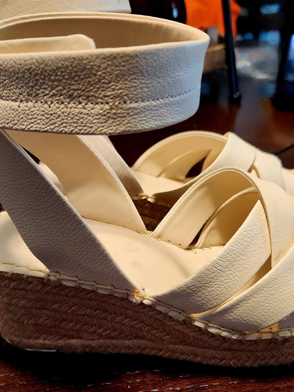 Franco Sarto Cream Leather Espadrille Wedge Sandals with Ankle Strap